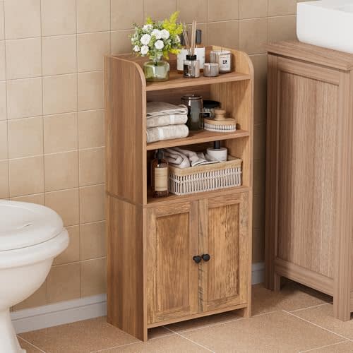 Homhedy Small Bathroom Storage Cabinet, Toilet Paper Storage Cabinet | Bathroom Floor Cabinet with Doors and Shelves, Bathroom Organizers for Small Spaces, 7.9"D x 14.6"W x 31"H, Rustic Walnut