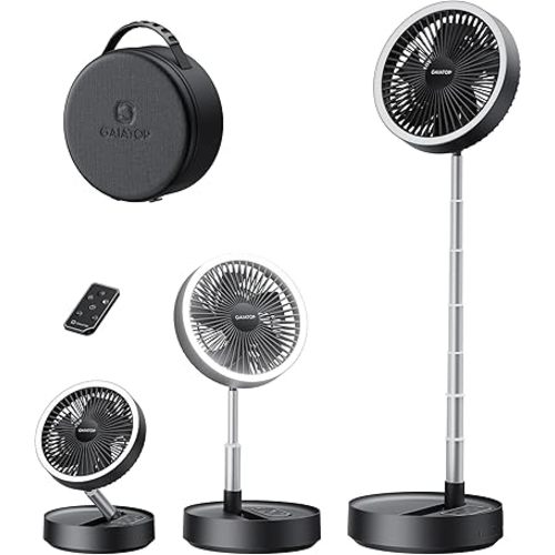 Gaiatop Portable Pedestal Fan 16000mAh Battery [Max 74h Runtime], Foldable Oscillating Standing Fan, Collapsible Desk Fans, LED Light, Case & Remote Control 4 Speeds for Outdoor Travel Camping (Black)