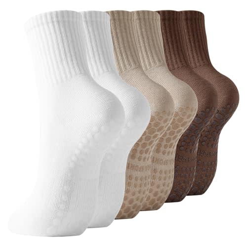 BONANGEL Pilates Socks with Grips for Women, 3 Pairs Womens Grippy Socks | Non Slip Yoga Ballet Barre Hospital Gym Athletic Crew Socks, Arch Support, Elastic Stretch, Smooth Toe