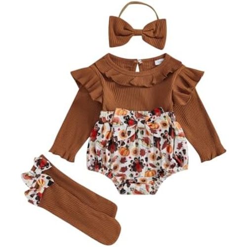 Infant Baby Girl Halloween Outfit Ruffle Sleeve Ghost Pumpkin Print Romper Onesie and Socks Cute Halloween Clothes