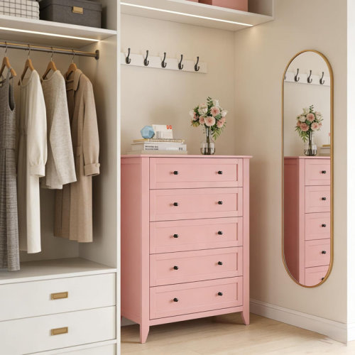 Ebern Designs 5 Drawer Tall Dresser, Modern Wooden Chest with Metal Knobs for Bedroom, Closet or Nursery, Pink | Wayfair