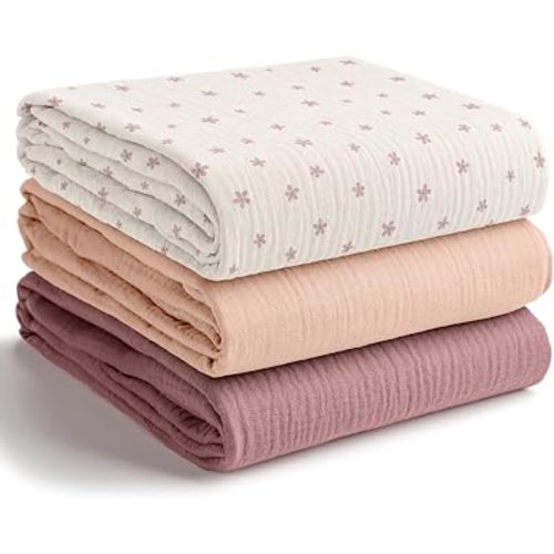 Comfy Cubs Muslin Swaddle Blankets Pack of 3 - Flower Pattern, Blush, Mauve