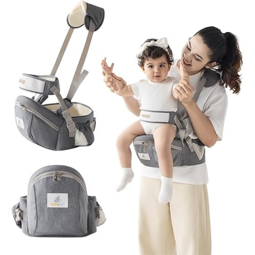 Baby Carrier with Hip Seat Adjustable Strap Huge Storage 4-in-1Toddler Carrier Enhanced Lumbar Support Ergonomic Baby Hip Carrier for Newborns & Toddlers Gray