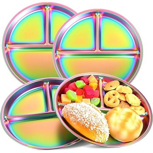 4 Pcs Stainless Steel Divided Plates, Stainless Steel Kids Plates, Round Divided Toddler Plate, Portion Control Plate 9 Inch | Dishwasher Safe