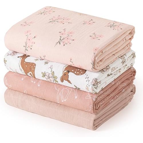 david's kids 4 Pack Baby Muslin Swaddle Blankets, 100% Cotton and Ultra Soft Breathable Receiving Blanket Wrap for Girls, New Born Essentials, Large 47 x 47 inches, Animals & Floral