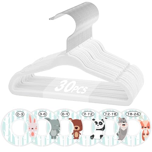 VIS'V Baby Hangers, 11 Inch Velvet Kids Hangers with 6 Pcs Clothes Size Dividers, Infant Toddler Nursery Closet Organization, Non Slip, White, 30 Pcs