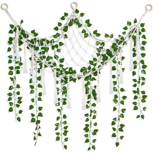 4 Pcs Large Stuffed Toy Storage Net Hammock Corner with Fake Vines Artificial Ivy Garland Bedroom Aesthetic Decor for Kids Baby Nursery Essentials Wall Bedroom Home Decor (White)