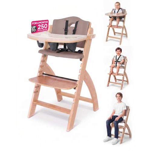 Abiie Beyond Junior Convertible Wooden High Chair with Removable Tray | Adjustable Highchair for Babies & Toddlers, Grow With Me, 6 Mos - 250 lbs, Water Resistant, Natural Wood Soft Mocha Cushion