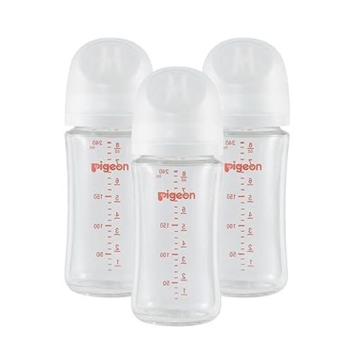 Pigeon Glass Nursing Bottle Wide Neck, Nurture & Nest, Anti-Colic, Streamlined Body, Natural Feel, Easy to Clean, Heat-Resistant, 8.1 Oz (Pack of 3), Includes 3pcs Stage 3 Nipples (3m+)