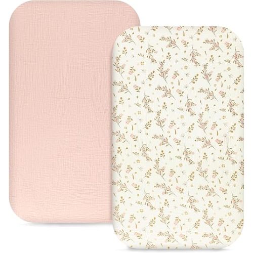 Hooyax Muslin Bassinet Sheets 2 Pack for Baby, Compatible with Bedside Sleeper Bassinet Fitted Sheets for Girls Boys, Ultra Soft and Skin-Friendly (Pink, Flower)