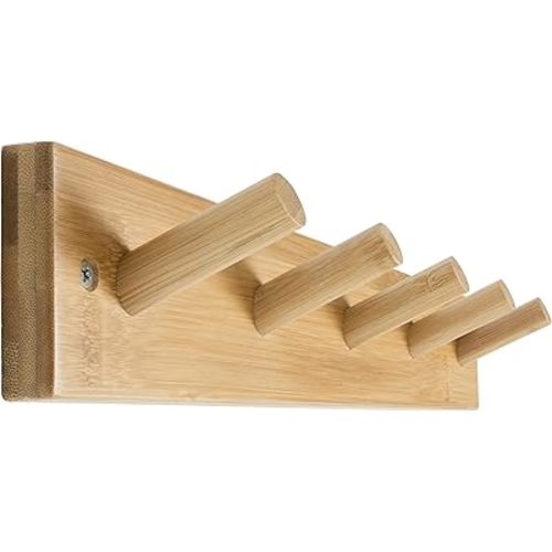 SKOLOO Wooden Wall Mounted Coat Rack,16'' Hole to Hole, 5 Pegs Bamboo Wall Hook for Hanging Clothes Robes Towels Hats,Natural Gold