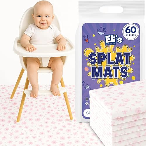 60 Pack Disposable Splat Mats by Eli with Love - Extra Large 49"x49" 100% Waterproof Baby Splat Mat for Under High Chair - Plastic Mat Liner for Floor - Protect from Spills (Floral, 60 Pack)