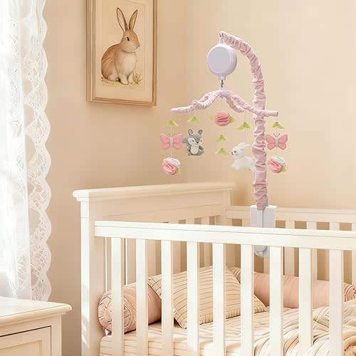 Baby Crib Mobile for Girls, Soft Knitted Woodland Characters Rabbit Squirrel, Pink and White Nursery Decor, Calming Soother with 12 Lullabies Essential and Perfect Gift for Girls