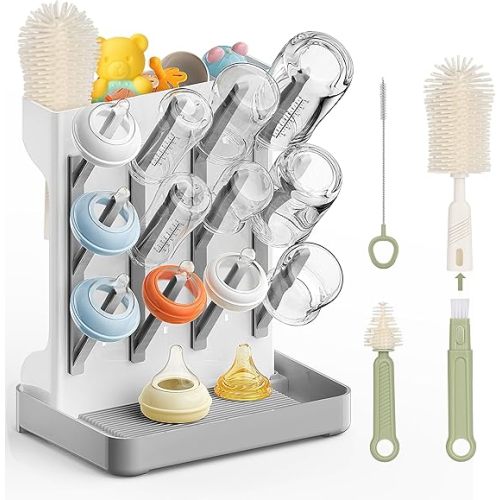 Superior Vertical Baby Bottle Drying Rack with 4-Pack Brush Set: Space-Saving Countertop Drying Rack - BPA-Free Baby Accessories Storage Stand Organizing Brushes & Pacifiers - Warm Beige