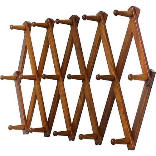 Dseap Accordian Wall Hanger: 16” High Wooden Wall Expandable Coat Rack, Hat Rack Holder, Accordion Hook for Baseball Caps, Coats, Mugs, 16 Peg Hooks, Brown