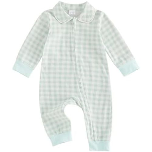 DSORVICD Newborn Baby Boys Girls Gingham Romper Long Sleeve Zipper Jumpsuit