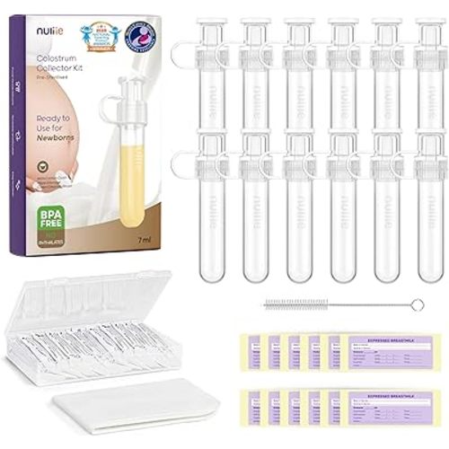 Nuliie Colostrum Collector Kit 7ml/12pcs, Leakproof, Reusable Breast Milk Collector, Heat & Freezer Resistant, BPA-Free, With Cotton Cloth Wipe, Storage Case, Cleaning Brush -Ready-to-Use for Newborns