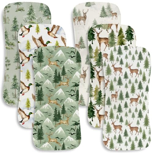 6 Pack Baby Burp Cloths for Boys Girls, Soft Cotton Large Burp Rags for Newborns, Super Absorbent Spit-Up Cloths, Woodland Forest Deer and Pine Tree Design, Nursery Decor Gift Set 9.8X19.6 inches