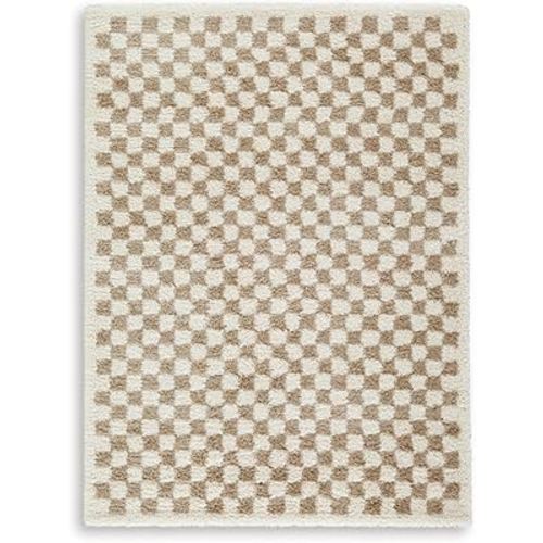 Signature Design by Ashley Karamen Casual Indoor Stain Resistant Checkered 5 x 7 Shag Rug, Light Brown & White