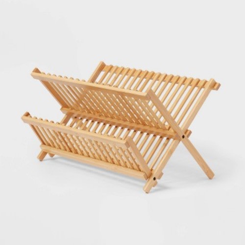 Bamboo Drying Rack Brown - Brightroom™: Freestanding Varnished Dish Drying Rack, Folds for Storage, 17.76" Depth