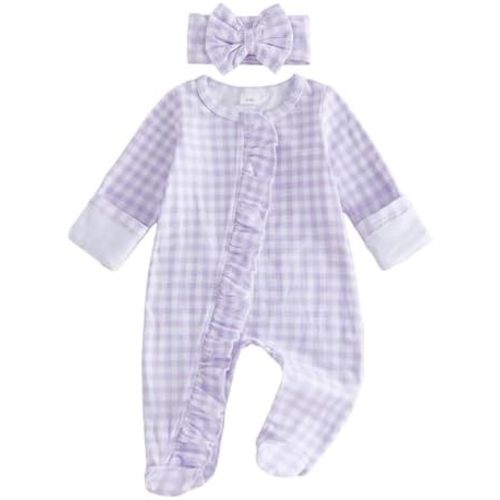 Newborn Baby Girl Clothes Lace Waffle Floral Footed Romper Jumpsuit