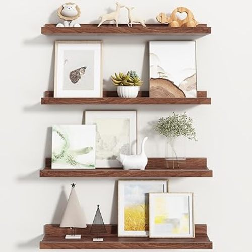 Fun Memories Picture Ledge Shelf, Floating Shelves Set of 4, 24 Inch Picture Shelves for Wall with Ledge, Large Nursery Book Shelf for Toys Storage, Living Room, Bedroom Decor Frames, Walnut