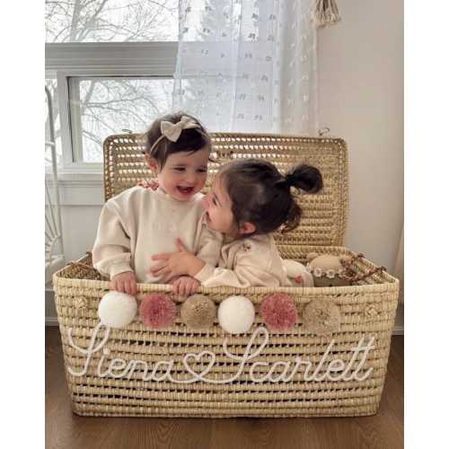 Personalized Wicker Toy Chest – Handwoven Storage Box with Crochet Embroidery - Nursery Storage, Kids Toy Box, Baby Gift