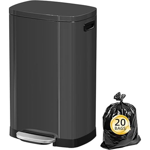 KdbK 13 Gallon Trash Can with Lid, 50L Fingerprint Proof Stainless Steel Kitchen Trash Can with Removable Inner Bucket and Lid Soft Close, Pedal Rubbish Bin for Home Office, Titanium Black