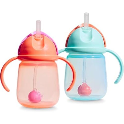 Munchkin Any Angle Toddler Weighted Straw Trainer Cup, 7oz, 2 Pack, Coral/Mint