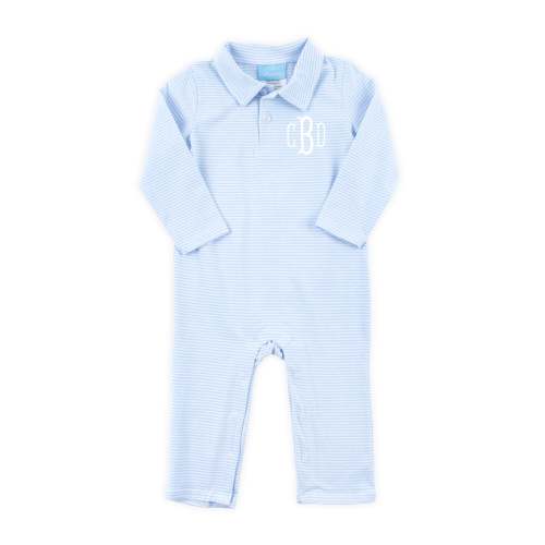 Light Blue Stripe Long Sleeve Polo Romper