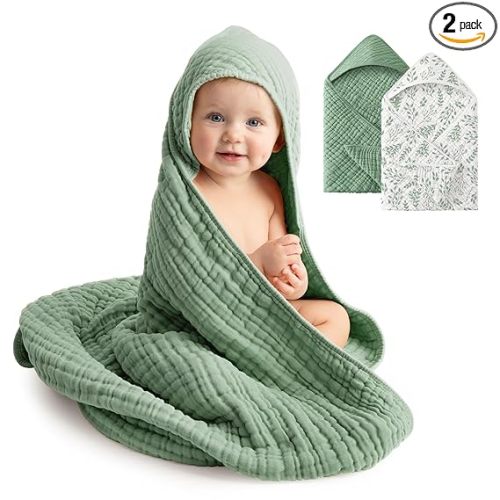 Baby Bath Towels, 100% Muslin Cotton Hooded Baby Towels for Newborn, 2 Pack Baby Towels with Hood for Infant Toddler and Kids, Large 32x32Inch Unisex Bath Essentials, Soft and Absorbent