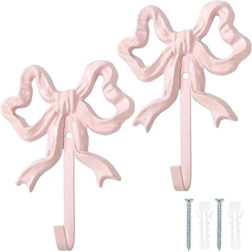 JarThenaAMCS 2Pcs Pink Bow Hooks Bow Knot Towel Coat Hanger Coquette Wall Hooks for Valentine's Day Home Living Room Bedroom Bathroom Kitchen Decor