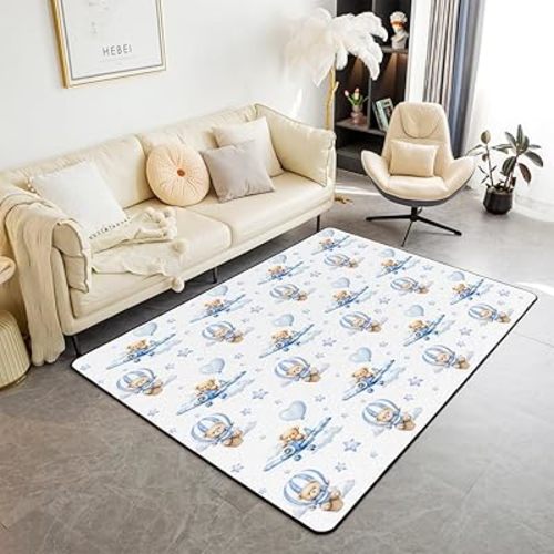 jejeloiu Baby Bear Area Rug 3x5 for Bedroom Blue Bear Living Room Rugs Soft Non-Slip Hot Air Decor Carpet Star Design Indoor Floor Mat Cute for Home, Dining Room