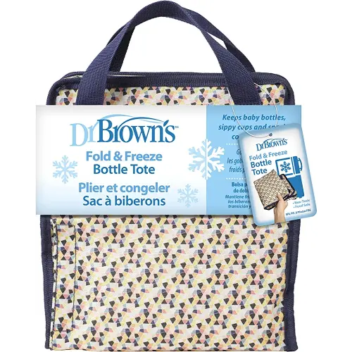 Dr. Brown's Fold & Freeze Bottle Tote, Travel Baby Bottle Insulated Cooler Bag, Store Up to 6 Baby Bottles, Geometric Multicolor, BPA Free