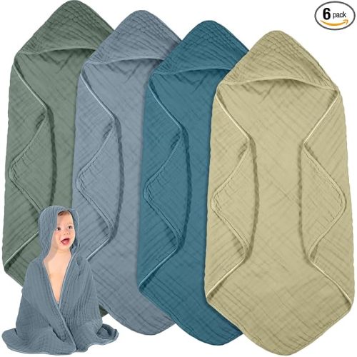 Peryiter 6 Pcs Baby Towels Cotton Muslin Hooded Baby Towels for Newborn Infant Toddler Large 32 x 32 Inch Soft Absorbent Blankets Bath Essentials Registry Gifts for Girl Boy (Green Series)