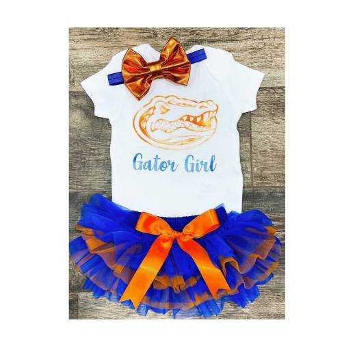 FLORIDA GATORS inspired ONESIE® Baby Girl Clothing Set Orange and Royal Tutu Bloomer Headband with orange bow Baby Girl Gift