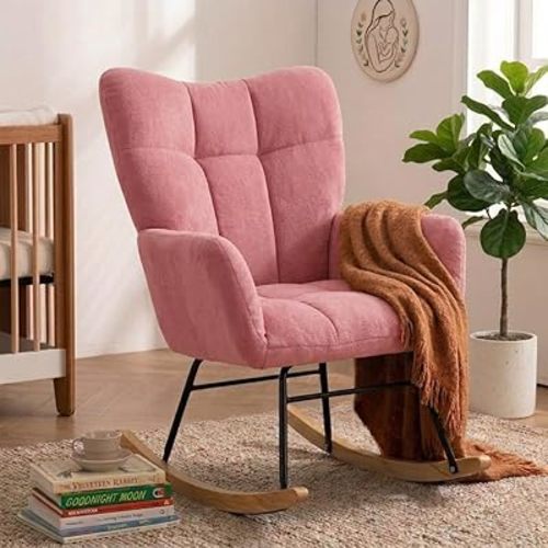 Nursery Rocking Chair, Rocking Chairs for Nursery, Baby Rocker Chair, Glider Rocker, Anti-Tip Safety Design, 440 Lb Weight Capacity, Cotton Fabric Cover, Pink