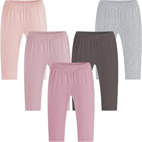 Newborn Infant Girls Pants Baby Girls' 5-Pack Pant Cotton Solid Ribbed Pants Girls Bottoms Pull On Leggings Joggers