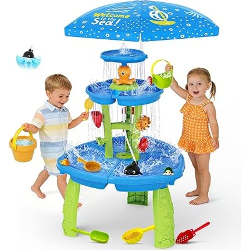 2026 Upgraded Toddlers Water Table, 3-Tier Sand and Water Table with Water Pump & Umbrella, Summer Outdoor Toys, Activity Sensory Playset, Rain Shower Splash Pond Water Toy for Boys Girls Age 3-5 4-6
