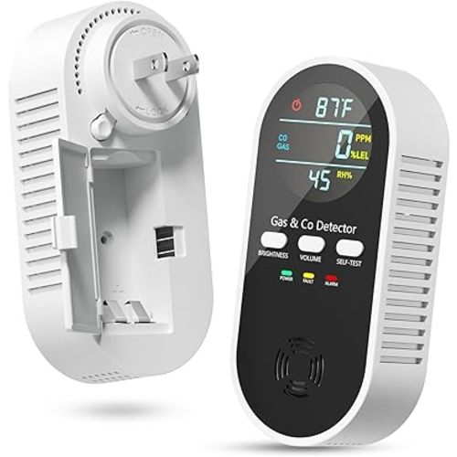 5-in-1 Gas Leak Detector & Carbon Monoxide Detectors Plug in, Portable Carbon Monoxide Detector with Brightness & Volume Adjustment, Temperature & Humidity, Battery Backup for Home/RV/Travel/Camping