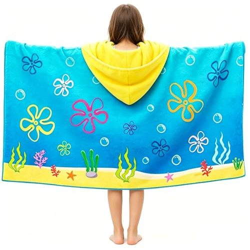 24x50 Inch Cartoon Sponge Hooded Towel | Under The Sea Bubble Design, Soft Absorbent Pool Beach Poncho Wrap, Swimming Bathroom Shower Supplies