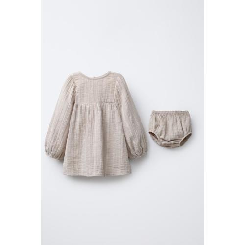 EMBROIDERED COTTON GAUZE DRESS AND PANTY SET - taupe brown | ZARA United States