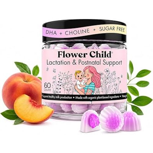 Flower Child Breastfeeding Gummies for Milk Production with Organic Moringa, Milk Thistle, Choline & DHA, Lactation Supplement Postnatal Recovery Vitamins, Fenugreek Free, Vegan, 60 Count