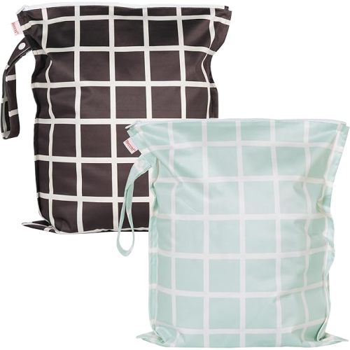 HECCEI Wet Dry Bag, 2-Pack Reusable Waterproof Wet Bags for Swimsuits & Baby Clothes, Leakproof Cloth Diaper Wet Bags for Travel & Diaper Changes (Soft Check)
