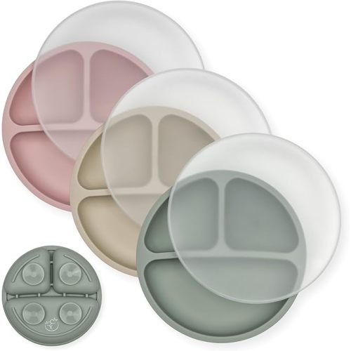 Hippypotamus Toddler Plates with Suction - 100% Food-Grade Silicone Baby Plates with Lids - Microwave & Dishwasher Safe - BPA Free - Set of 3 (Sage/Blush/Nude with LIDS)