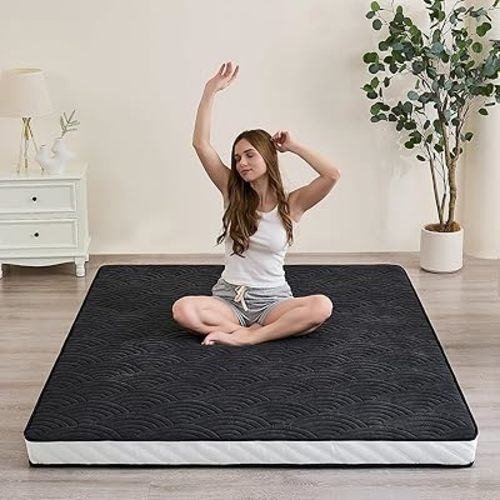 Japanese Floor Mattress, Quilted Futon Mattress with Anti-Slip Bottom, Foldable Floor Bed with Storage Bag and Straps, (Black, Twin)