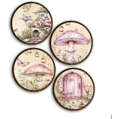 BIWSHA Pink Enchanted Forest Mushroom Wooden Wall Art Decor, Fantasy Cottagecore Floral Mushroom Fairy Cabin Round Wall Hanging Decor for Home Bedroom Living Room, 10 Inch Diameter Set of 4