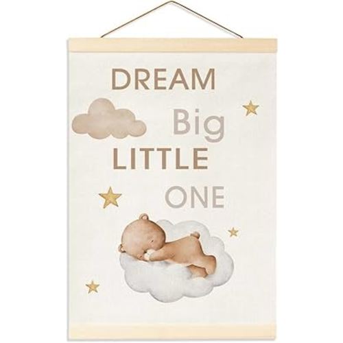 Teddy Bear Nursery Banner Decor, Cute Sleeping Baby Bear Inspirational Kids Wall Decor for Toddler Playroom or Bedroom, Dream Big Little One Poster Hanging Flag Banner