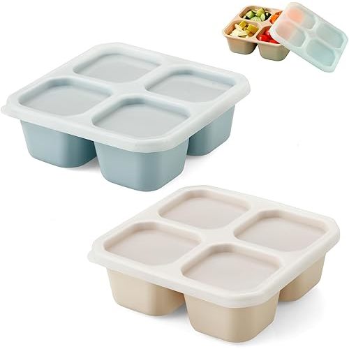 PandaEar 2 Pack Snack Containers, 4 Compartment Silicone Bento Lunch Snack Box with Lids, Reusable BPA-Free Divided Bento Snack Box for Toddler, Food Storage Containers for Travel Work