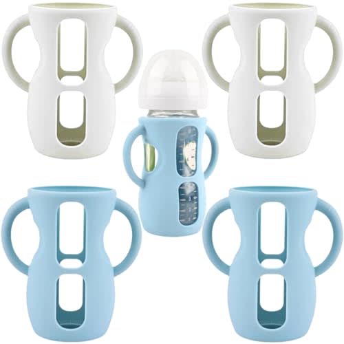 Frezonika 4 Pack Silicone Sleeves for Avent Natural Glass Baby Bottles, Silicone and Easy-Grip Handles for Drop Protection, Compatible with Philips Avent 4/8 OZ Glass Bottle (2 White+2 Blue, 8 OZ)